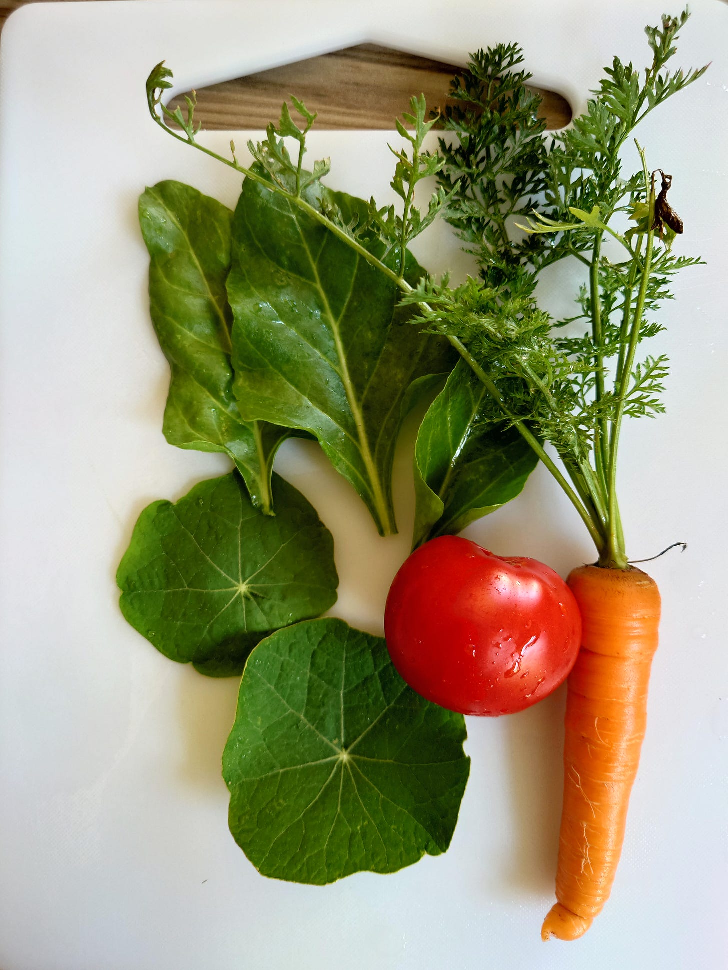Chantenay carrot, perpetual spinach and nasturtium leaves on a small cutting board