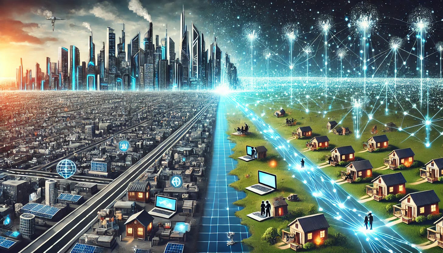 An illustration depicting the decentralization of tech hubs from big cities to smaller towns. The image shows a futuristic city skyline on the left, transitioning into a network of smaller towns on the right, all interconnected by glowing data highways. Small innovation centers, co-working spaces, and remote workers with laptops are scattered across the countryside, symbolizing technological growth beyond urban areas. An illustration depicting the decentralization of tech hubs from big cities to smaller towns. The image shows a futuristic city skyline on the left, transitioning into a network of smaller towns on the right, all interconnected by glowing data highways. Small innovation centers, co-working spaces, and remote workers with laptops are scattered across the countryside, symbolizing technological growth beyond urban areas.