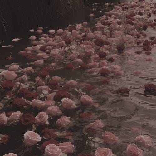 This may contain: pink flowers floating in the water next to grass