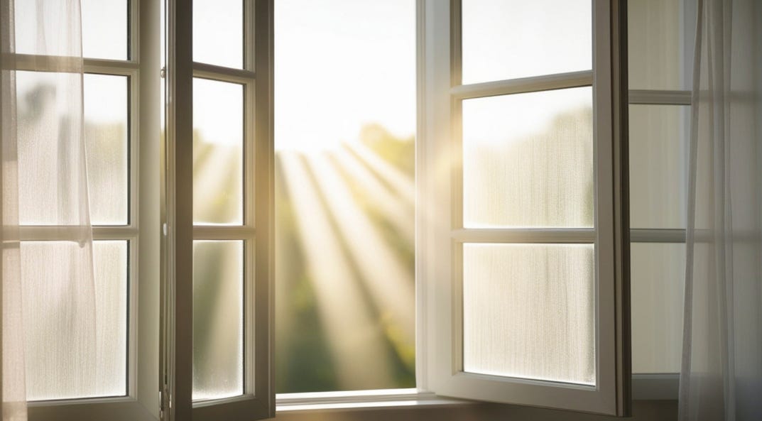 Soft early morning light streaming through an open window, clean white interior, no people. Soft early morning light streaming through an open window, clean white interior, no people.