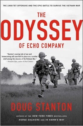 Cover of The Odyssey of Echo Company by Doug Stanton. The design features a black-and-white photograph of U.S. soldiers running through a field in Vietnam. The title is in bold red text, with a subtitle referencing the 1968 Tet Offensive. A quote from Tom Brokaw is also featured on the cover.