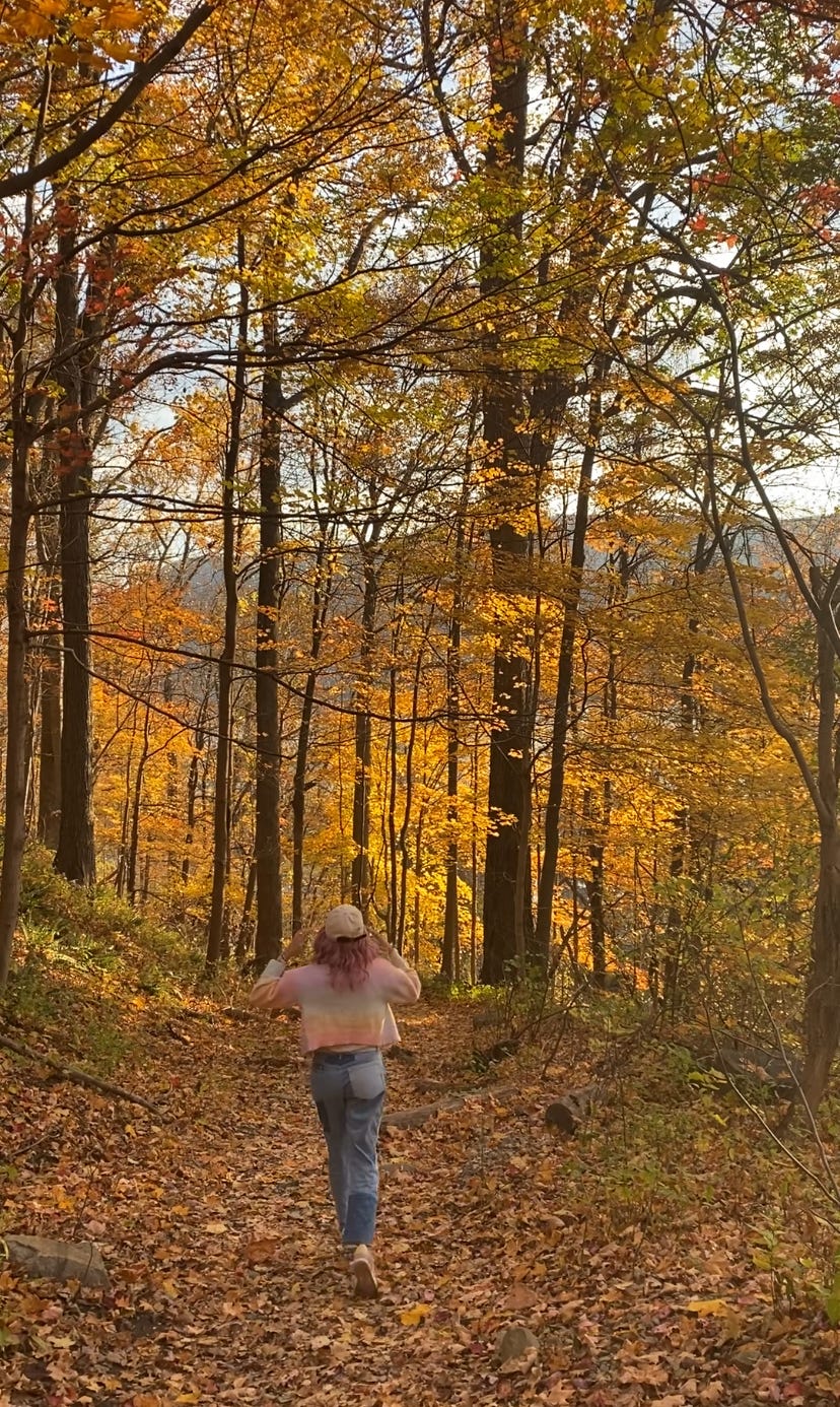 Kiana walking through a yellow wood.