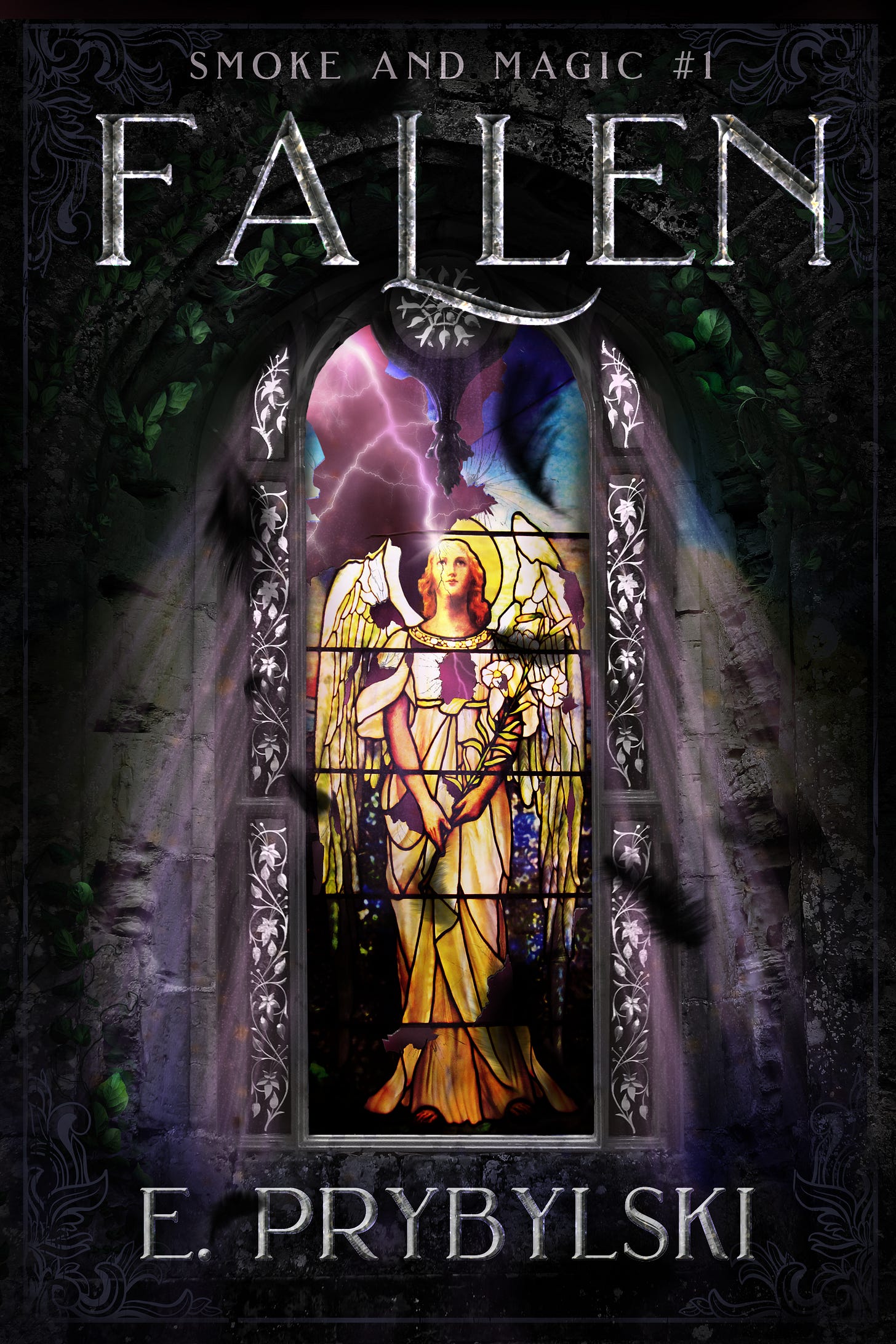 Book cover for the novel "Fallen" by E. Prybylski. Decorative.