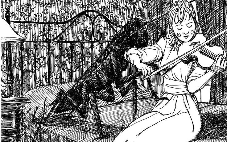 This may contain: a drawing of a woman playing the violin with a dog standing next to her in bed