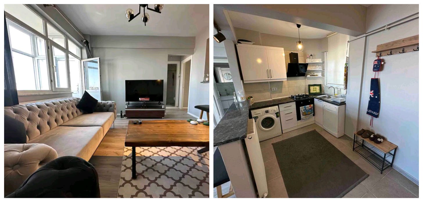 On the left, our living room; on the right, our kitchen. 