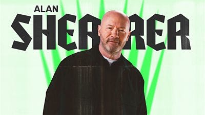 Alan Shearer in front of a white and green backdrop. Bold, black text on the background of the image reads: "Alan Shearer" Alan Shearer in front of a white and green backdrop. Bold, black text on the background of the image reads: "Alan Shearer"