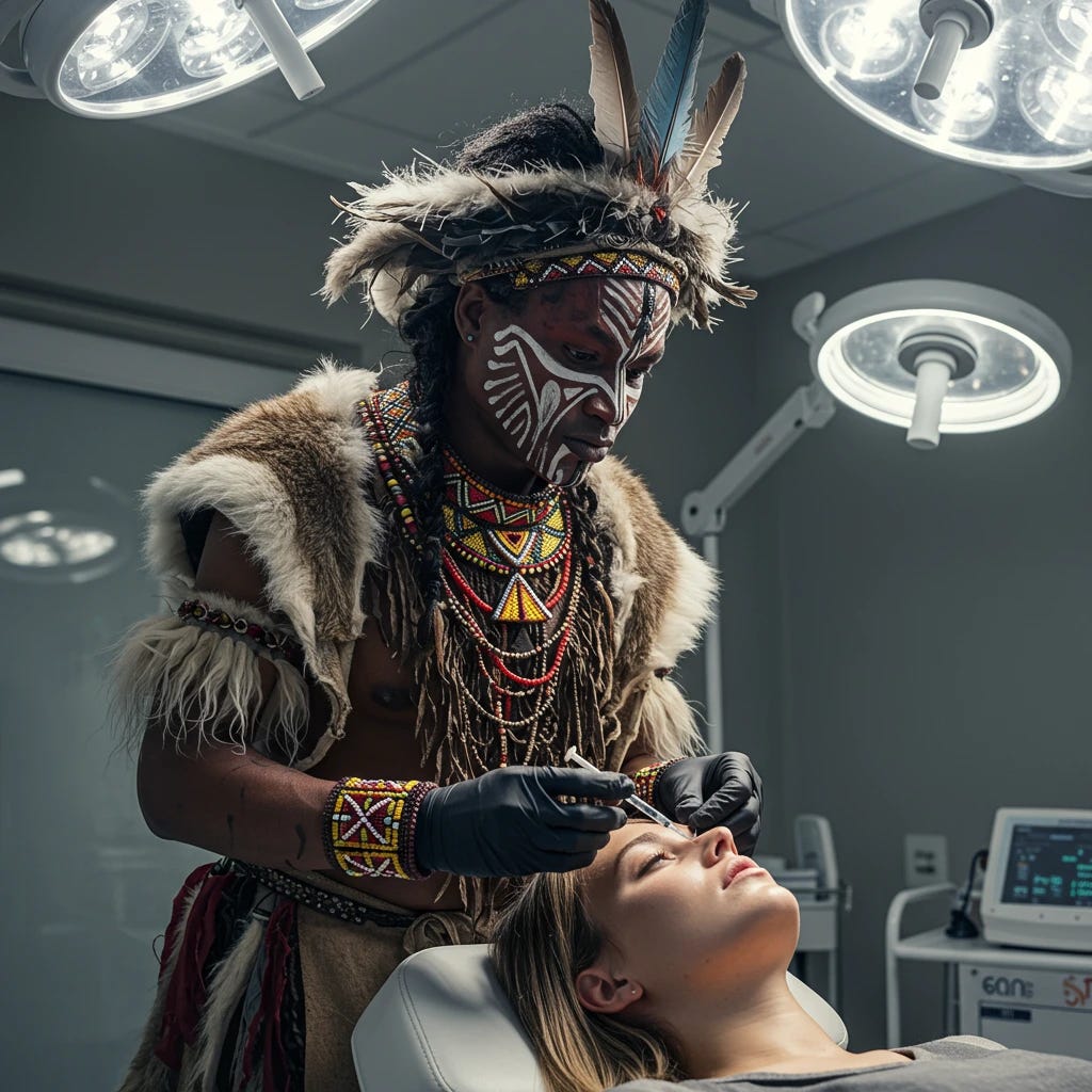 witch doctor giving botox injections to woman's lips