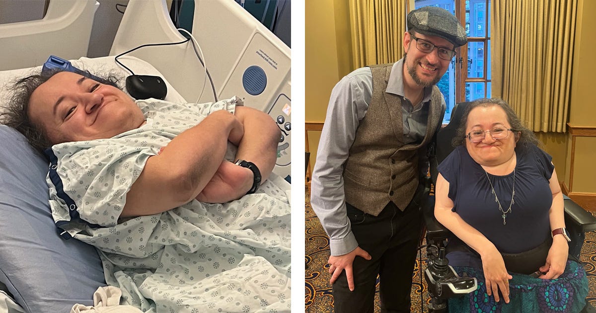 Left: Athena in a hospital gown lying in bed with her ams crossed over her chest. Right: Athen seated in her wheelchair with Stefan standing beside her dressed up for a fundraising gala.