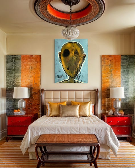 SLART's Painting Memento Vivere (2022), displayed om walls of different rooms.