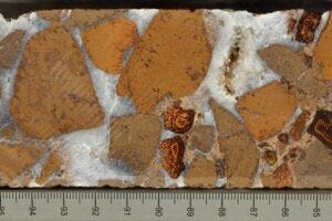 Cores of lava breccia, cemented with white calcium carbonate minerals, recovered from IODP Site U1557