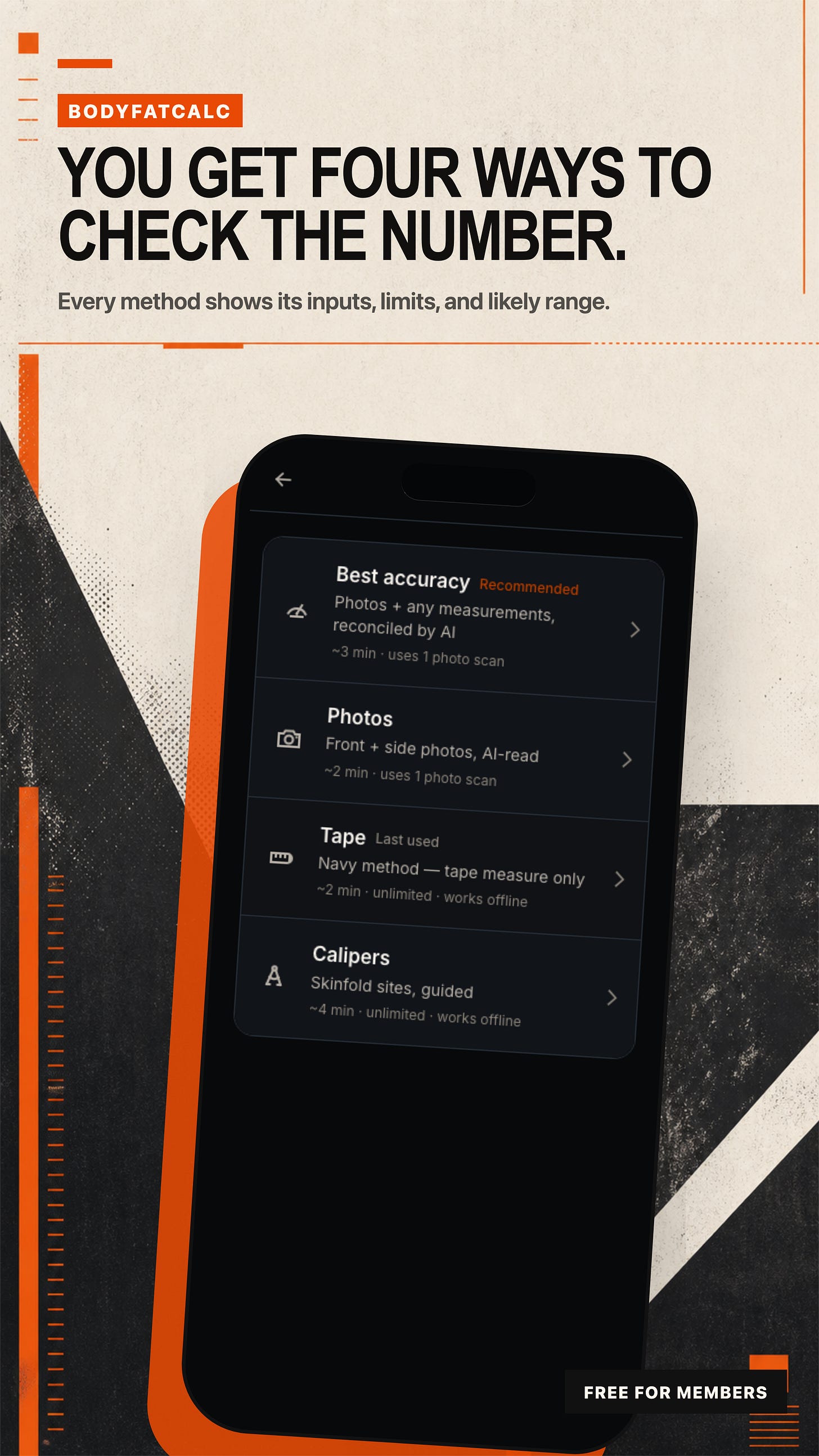 BodyFatCalc measurement methods inside an iPhone with the headline You get four ways to check the number.