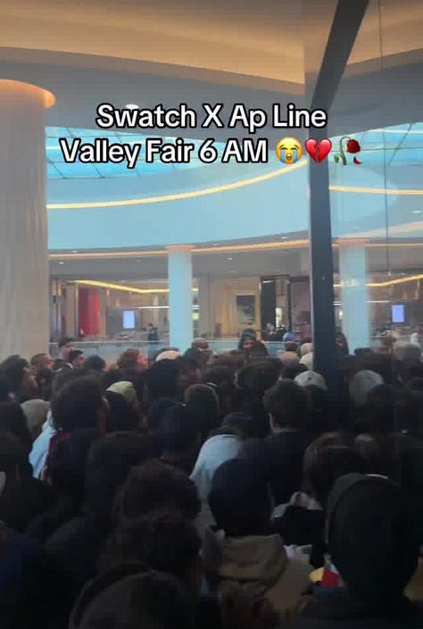 Nine-panel grid of social media screenshots and news footage documenting the chaotic global launch of the Swatch x Audemars Piguet Royal Pop collaboration. Top row shows crowds gathered outside boutiques, a young man in a trench coat captioned "For Swatch x AP Collab," and a dense crowd inside a London-themed Swatch store. Middle row shows hundreds of people lined up outside a storefront at dawn, security personnel on a mezzanine overlooking a packed lower level, and a caption reading "Swatch X Ap Line Valley Fair 6 AM" with crying and broken-heart emojis over a sea of shoppers. Bottom row shows a news broadcast headline "Swatch x AP launch shut down after chaotic crowds outside Houston store," a meme of a pregnant woman holding a glass of wine captioned "No it doesn't affect my baby" with the Swatch and AP storefront in the background and "30 years later" overlaid, and a final image of a raucous crowd with raised arms outside a Swatch boutique. The collage captures the unruly scenes, flipper culture, and viral social media response surrounding the Royal Pop pocket watch release in May 2026.