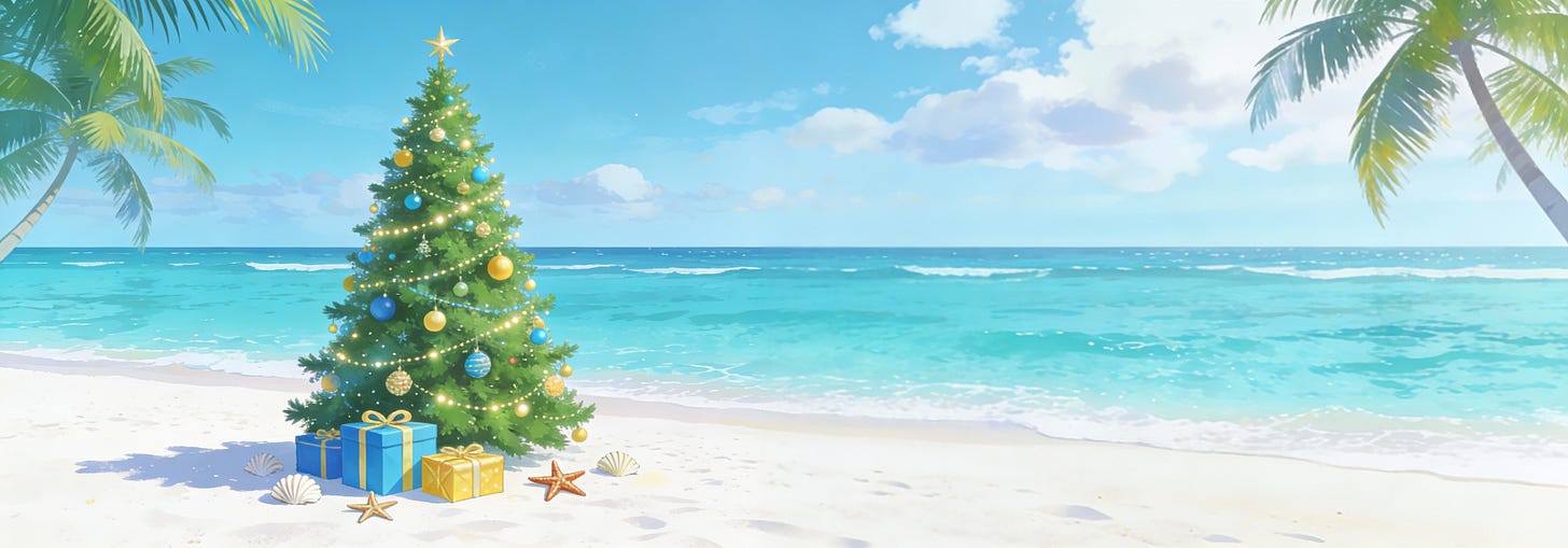 Christmas tree on a white sandy Caribbean beach in tropical brand colors for a wide banner. Christmas tree on a white sandy Caribbean beach in tropical brand colors for a wide banner.