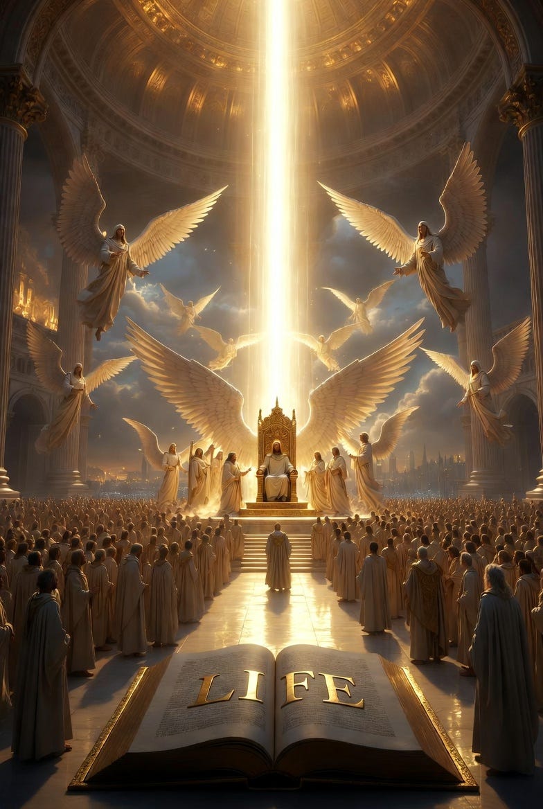 A cinematic film still of Revelation 20's final judgment in a heavenly throne room with divine light and angelic beings.
