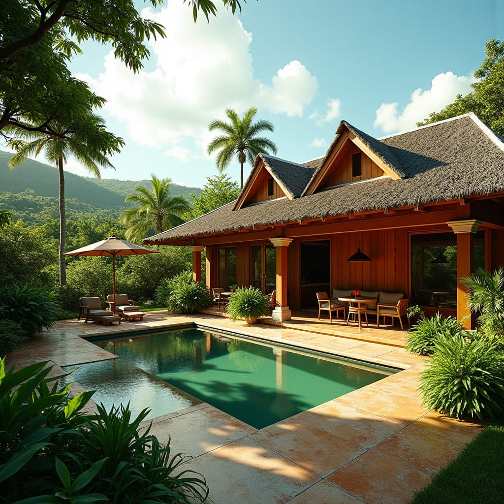 A modern Jamaican and Ghanaian styled home in Jamaica, blending traditional African and colonial influences, with a focus on open spaces, communal living, and harmony with nature. The design incorporates elements reminiscent of traditional African homes, with a seamless fusion of wood, stone, and earthy tones. The architecture is characterized by clean lines, minimalist ornamentation, and an emphasis on natural ventilation. Cinematic lighting casts a warm glow, with deep shadows and rich textures