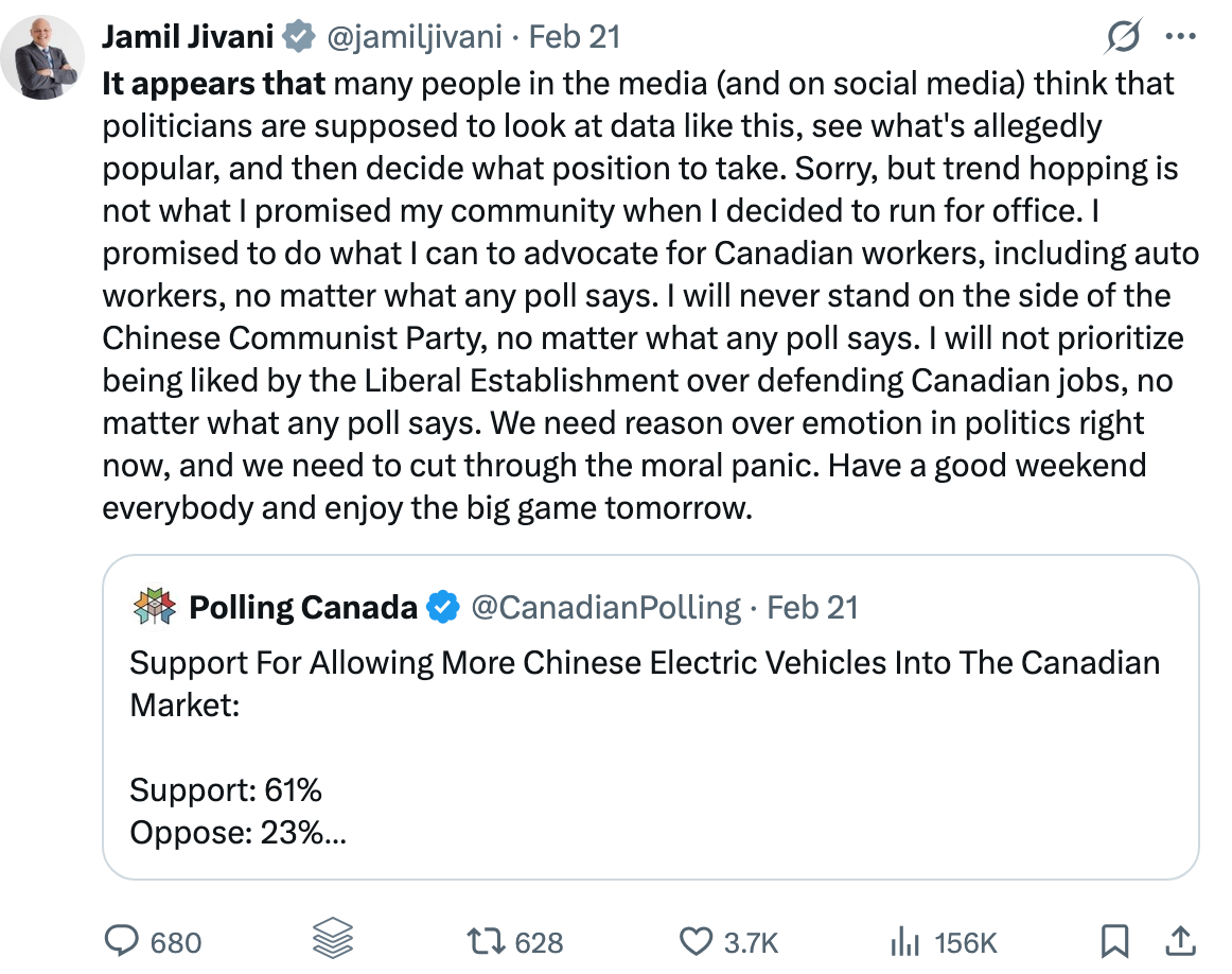 Screenshot of a social media post responding to polling on Chinese electric vehicles in Canada, rejecting polls and media influence while emphasizing loyalty to Canadian workers and opposition to the Chinese Communist Party.