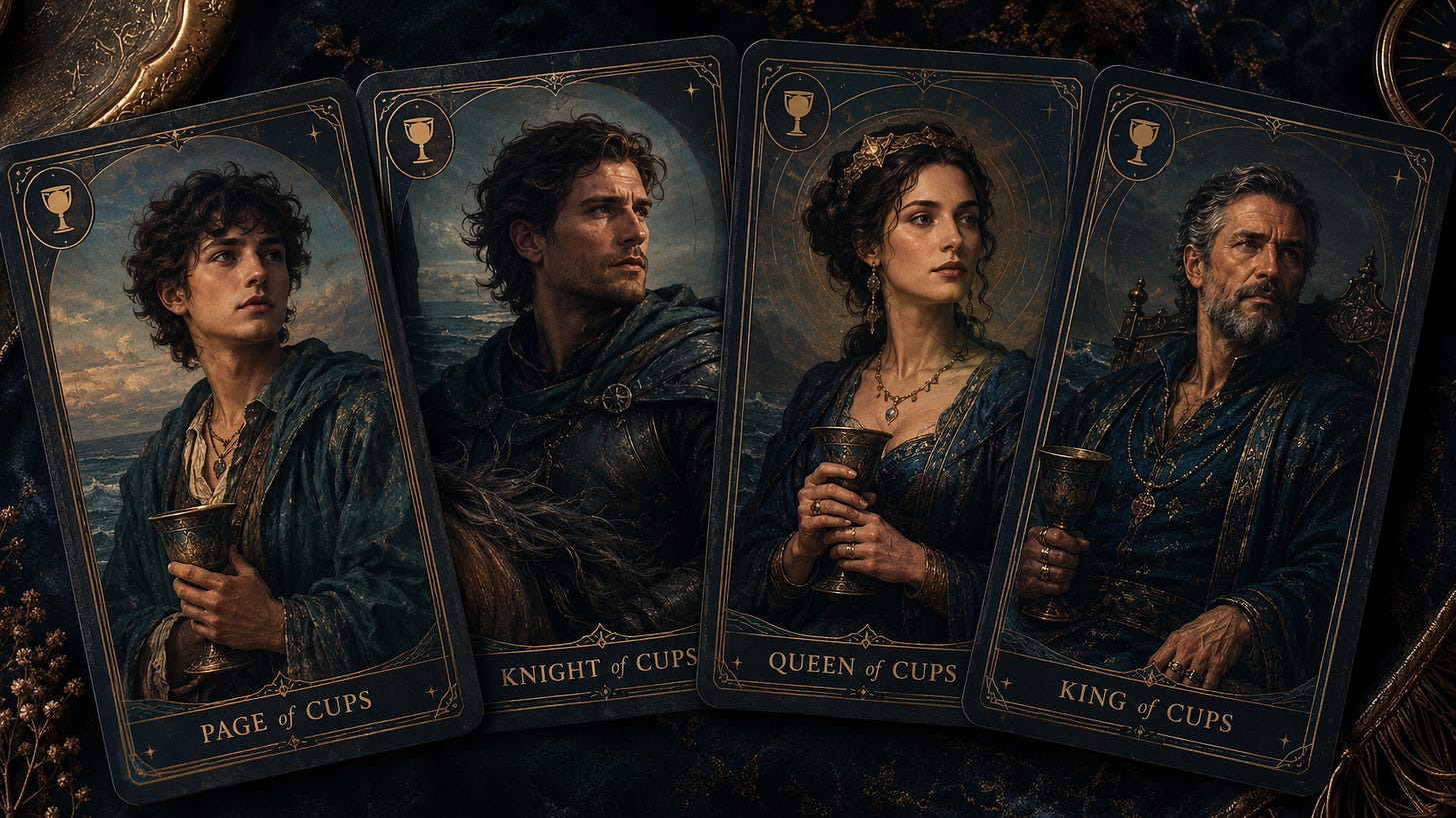 The four Cups court cards side by side — Page, Knight, Queen, and King of Cups — illustrating the four court-card ranks in a tarot suit.The four Cups court cards illustrated as real people — the Page, Knight, Queen, and King of Cups — each holding a golden chalice