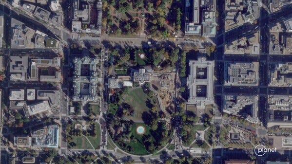 This satellite image from Planet Labs PBC shows demolition of the East Wing of the White House in Washington, Thursday, Oct. 23, 2025. (Planet Labs PBC via AP) This satellite image from Planet Labs PBC shows demolition of the East Wing of the White House in Washington, Thursday, Oct. 23, 2025. (Planet Labs PBC via AP)