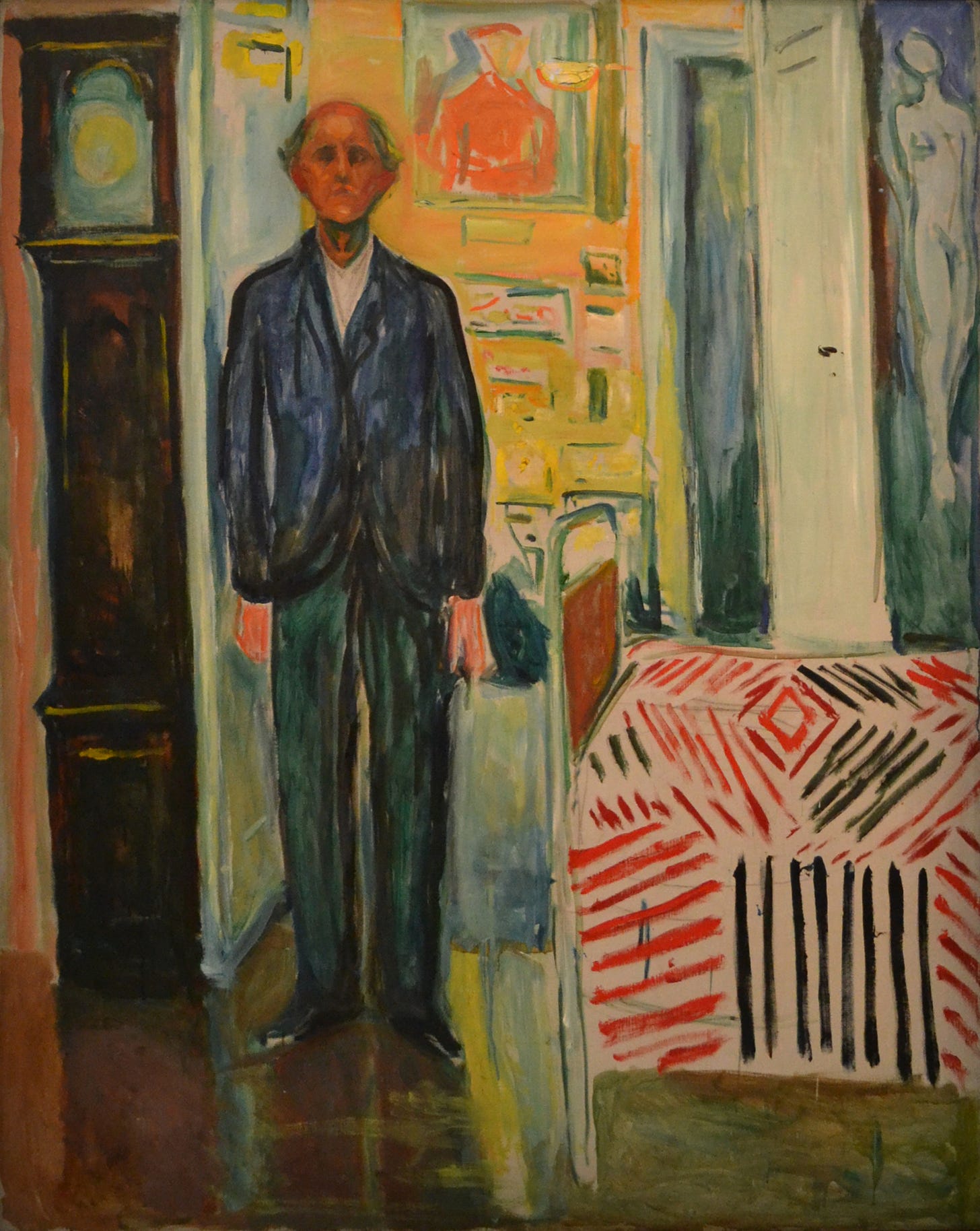 Elderly Munch standing stiffly between a clock and his bed