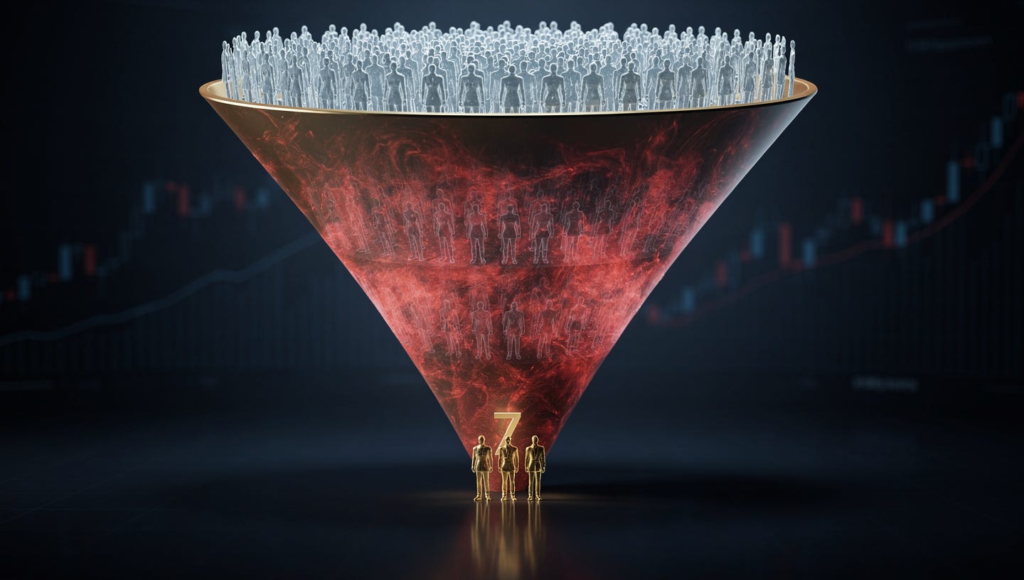 A dramatic data visualization as a conceptual 3D funnel in a dark financial environment. At the wide top, a massive, dense crowd of thousands of translucent human silhouettes (representing the 19,800 beginners). As the funnel narrows, most silhouettes fade into a red mist. In the middle section, only a small group remains visible. At the very bottom, at the sharp exit of the funnel, only 7 golden, glowing figures stand strong, representing the final survivors. In the background, a faint, declining financial candlestick chart. Professional, clean, minimalist, high-tech aesthetic, deep blue and gold color palette. A dramatic data visualization as a conceptual 3D funnel in a dark financial environment. At the wide top, a massive, dense crowd of thousands of translucent human silhouettes (representing the 19,800 beginners). As the funnel narrows, most silhouettes fade into a red mist. In the middle section, only a small group remains visible. At the very bottom, at the sharp exit of the funnel, only 7 golden, glowing figures stand strong, representing the final survivors. In the background, a faint, declining financial candlestick chart. Professional, clean, minimalist, high-tech aesthetic, deep blue and gold color palette.