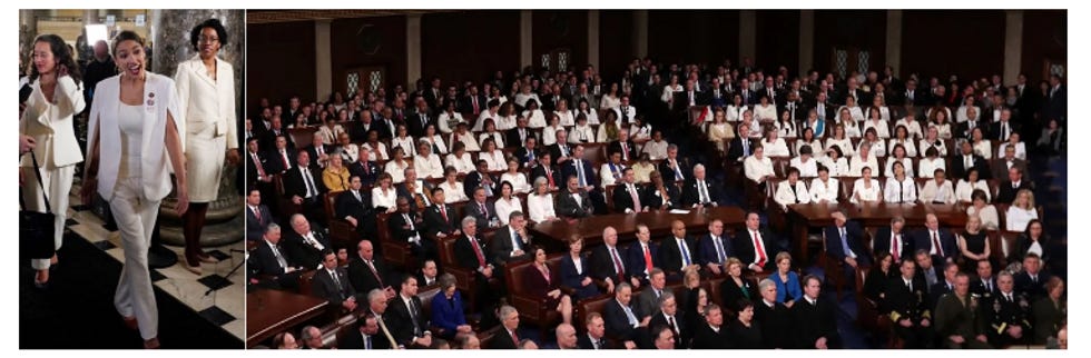 Photos of Democratic congresswomen wearing white to the State of the Union. Photos of Democratic congresswomen wearing white to the State of the Union.