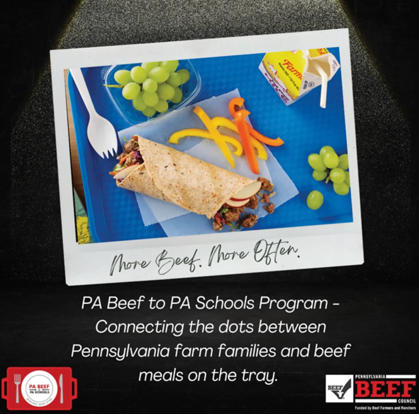 School lunch tray with a beef wrap, grapes, and peppers in a PA Beef to PA Schools promotional photo