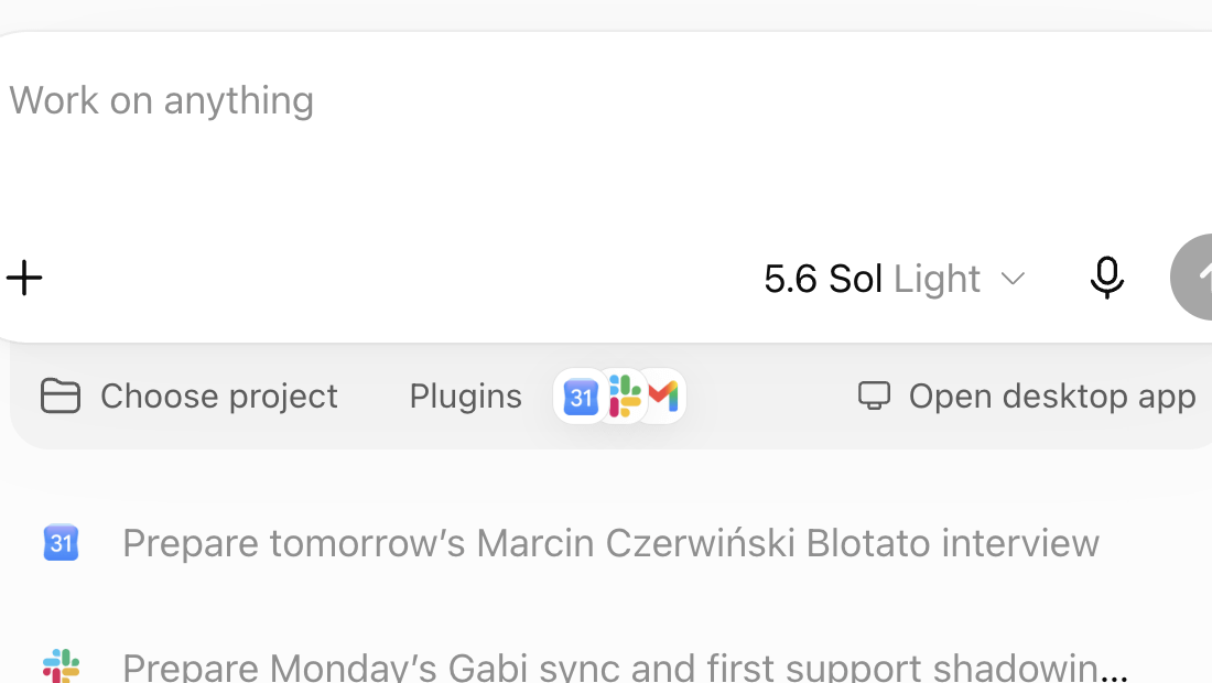 The model menu and Plugins button in ChatGPT Work