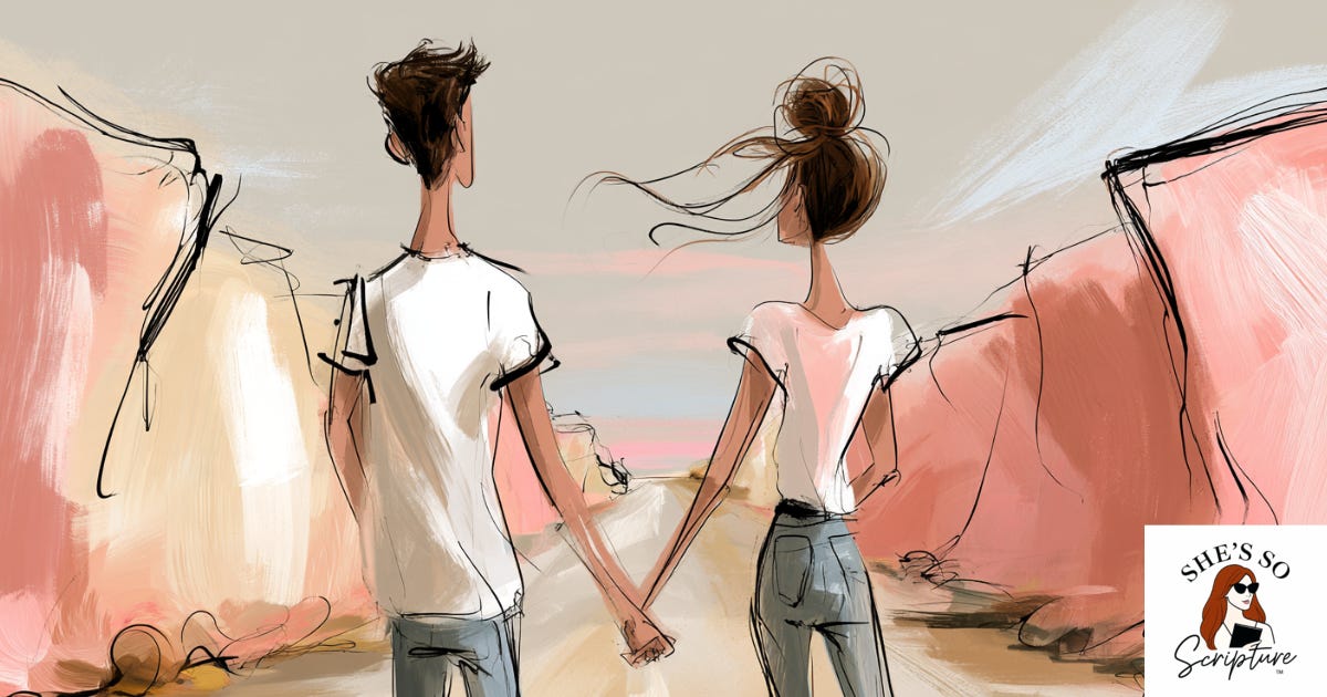 Illustrated man and woman on a road cut through a leveled desert canyon Illustrated man and woman on a road cut through a leveled desert canyon
