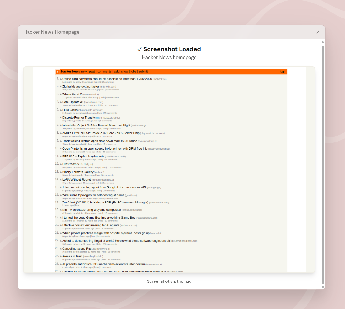 A screenshot of the Hacker News homepage created by Claude Imagine