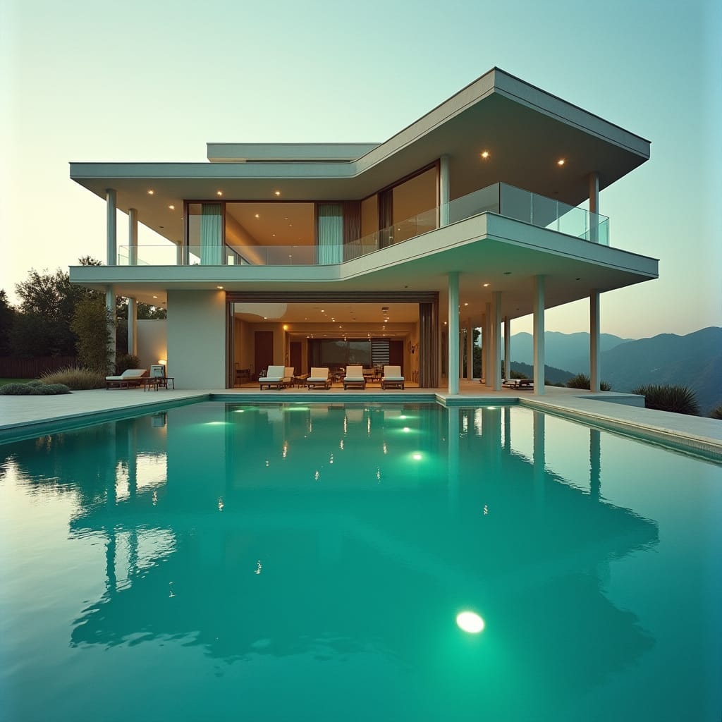 Majestic 6-story modern house with a dramatic Parapet gable roof, elevated on slender columns, with a sparkling swimming pool shimmering beneath the structure, as if floating on water.
