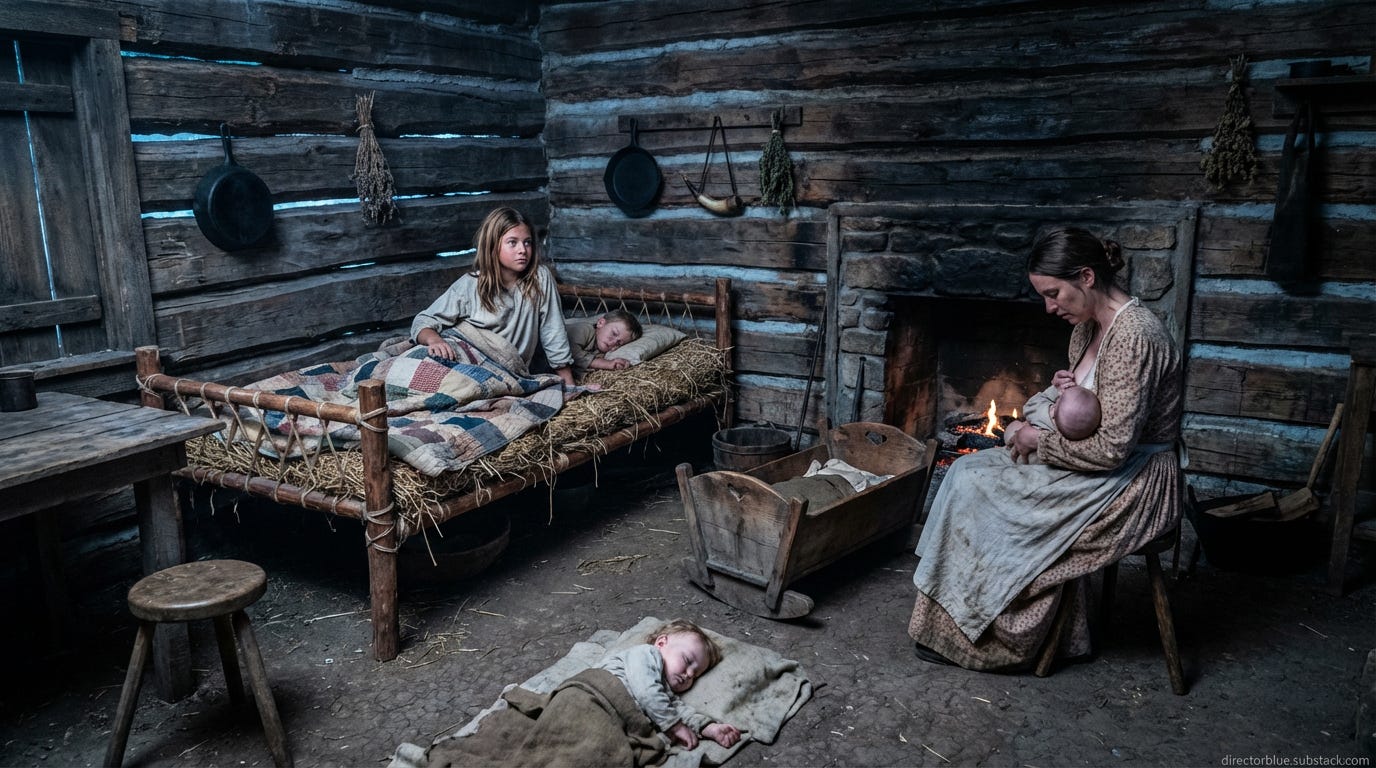 create image  Photorealistic wide-angle photograph 169 aspect ratio cinematic lighting Interior of a cramped roughly hewn log cabin in 1836 frontier Texas Pre-dawn blue-gray light seeps through chinking gaps between hand-hewn oak logs A ceda_image_1