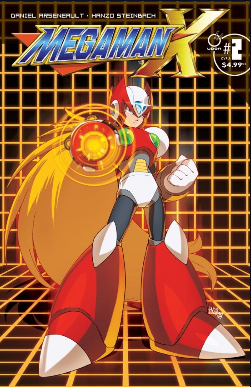 X, with a white and red armor and long blonde hair, is shown prominently in the foreground in a dynamic, action-ready pose, aiming his arm cannon toward the viewer on a grid background..