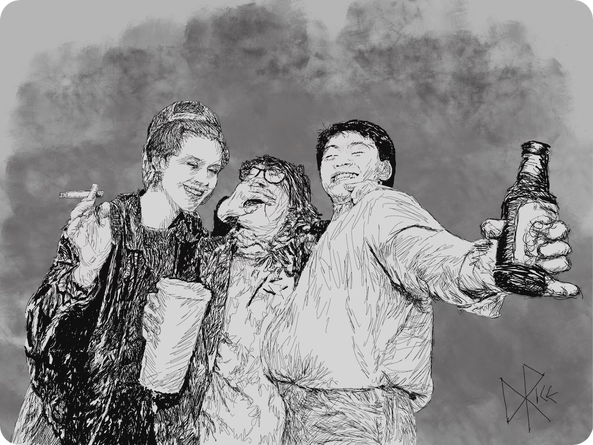 Three party people enjoying life. Sketch art by Don Rice.