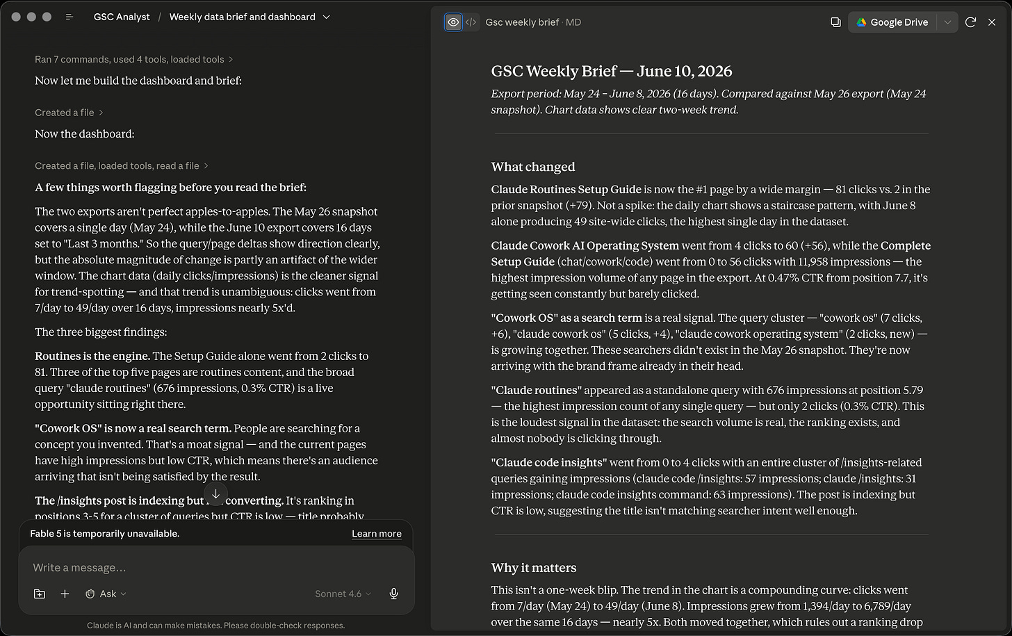 Claude Cowork weekly SEO brief analyzing Google Search Console queries, pages, and content recommendations