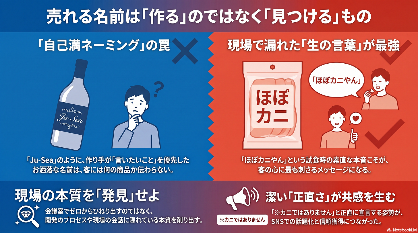 記事の要点をまとめたインフォグラフィックス。「売れる名前は『作る』のではなく『見つける』もの」。 記事の要点をまとめたインフォグラフィックス。「売れる名前は『作る』のではなく『見つける』もの」。