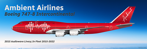 A selection of former Ambient fleet aircraft: 1) Airbus A340-300 (Silver Band); 2) Airbus A380 (Audiowave); 3) Boeing 747-200 (Silver Band); 4) Boeing 747-400ER (Silver Band); 5) Boeing 747-8 Intercontinental (Audiowave); and Airbus A340-600 (Audiowave) - all shown in side view.