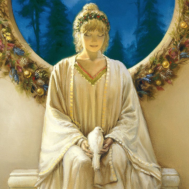 LEFT: Detail from PEACE featuring a woman seated with a dove in her lap. The circular window behind her is bordered with a wreath. Ornaments of gold, blue, and red are embedded throughout. The view of a simple forest setting behind her is vibrant blue pierced by a hazy glowing star.  RIGHT: Figure detail from PEACE featuring a woman pressing her eyes closed in contemplation. Her gown is plain white but elegant in its draping. The neckline is cut in a modest V bordered with thin stripes of red, gold, and green. Over her dress, another layer of fabric falls, accented with a satin gold border. Her blonde hair is swept up in a bun, barely visible as she dips her head. Beyond her bangs, a band of holly contrasts in green with dots of red berries. Shadow falls across her face casting an air of solemnity.