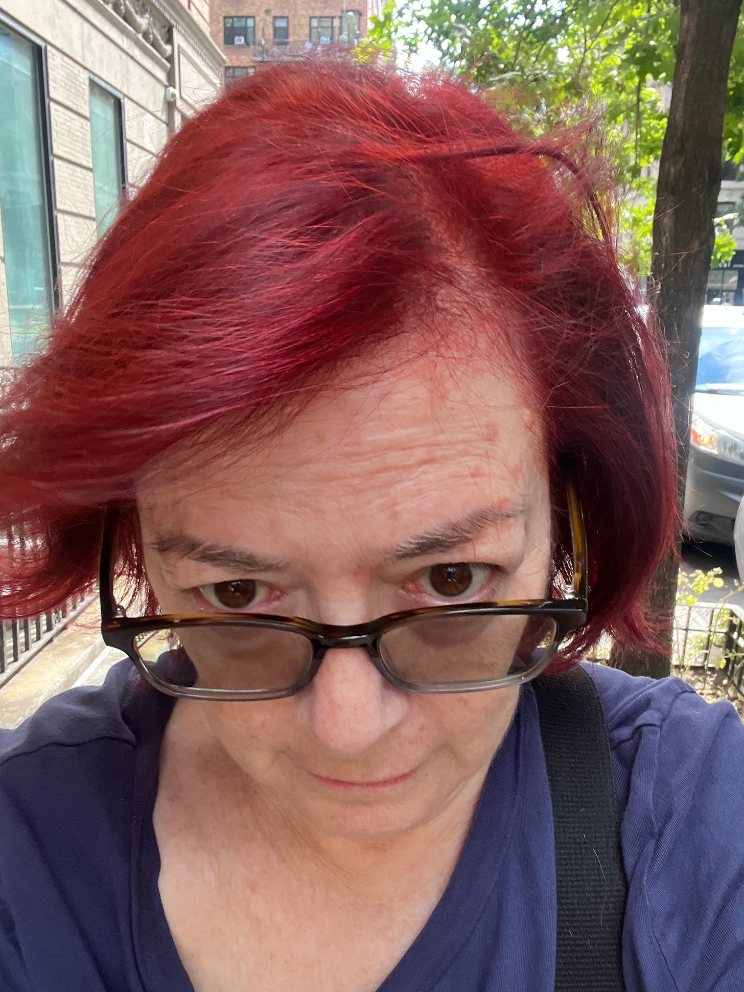 Me with red hair strolling the neighborhood