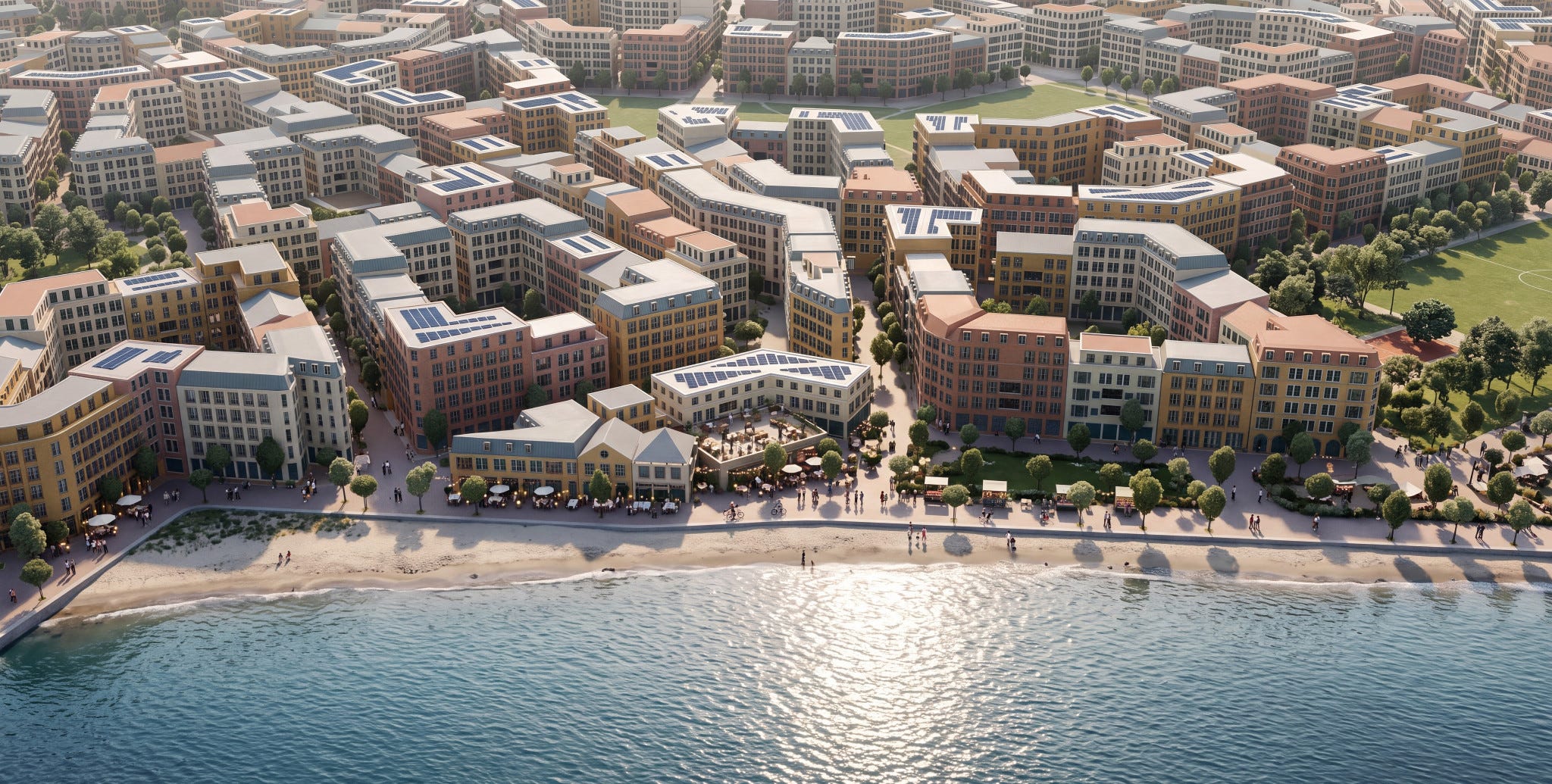 Conceptual aerial waterfront view with courtyard buildings, a cafe-lined promenade, beach and bay; shoreline and access conditions are provisional.