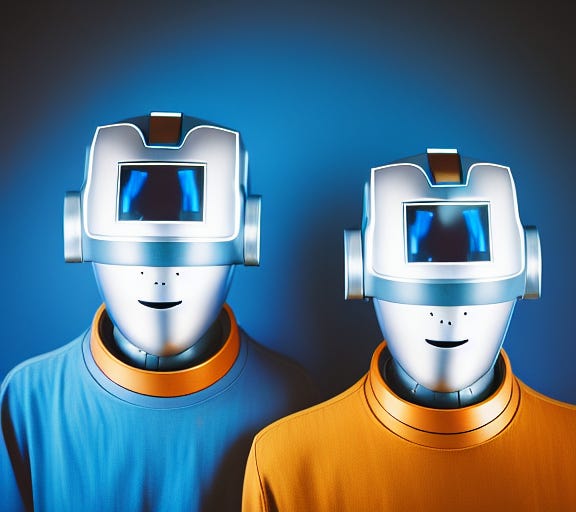 Portrait rendering of two sci-fi robots in helmets generated by AI based on a starting image