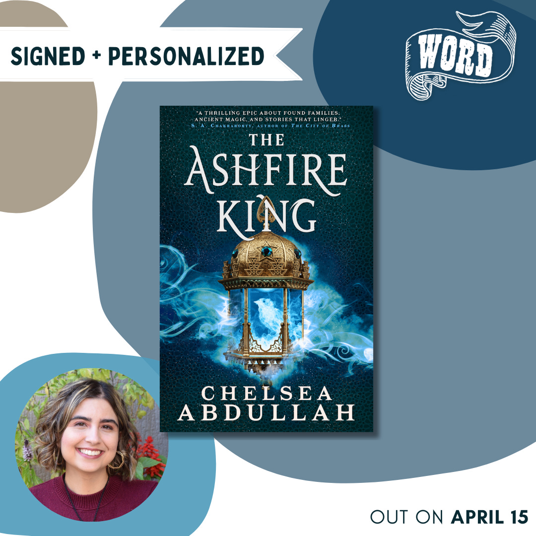 A promotion graphic with THE ASHFIRE KING in the center and my author photo on the bottom left. The words"Signed + Personalized" are written up top, and "Out on April 15" in the bottom right-hand corner.