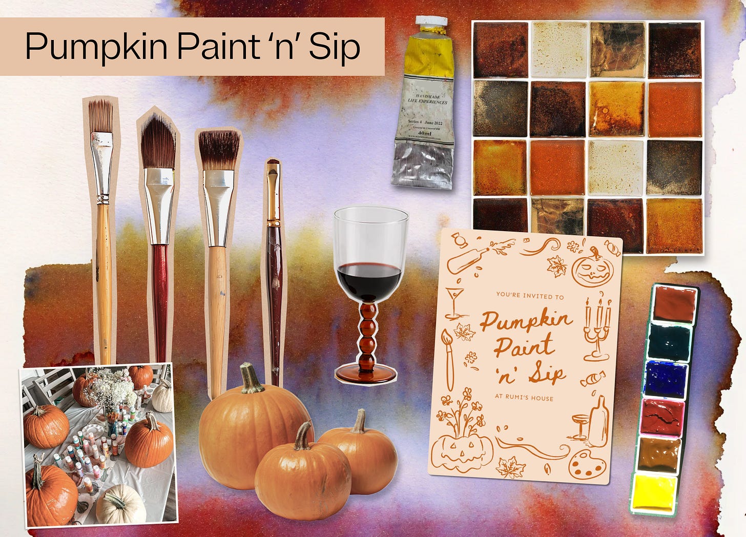 A collage showing a Pumpkin Paint ’n’ Sip party invitation and items needed to host the cozy party