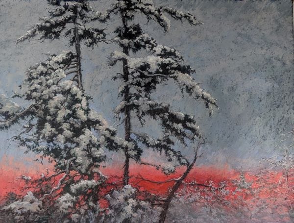 Narcissi in a broken jar, Wild flower garden, Red Dawn Skies, Mist a pine tree, ocean