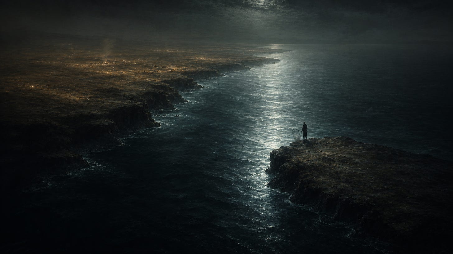 A small island separated from a warmer mainland by a widening dark strait, a lone figure on its shore holding an empty net above full water. A small island separated from a warmer mainland by a widening dark strait, a lone figure on its shore holding an empty net above full water.