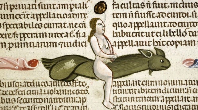 The Flying Green Penis Monster, from Decretum Gratiani with commentary of Bartolomeo de Brescia