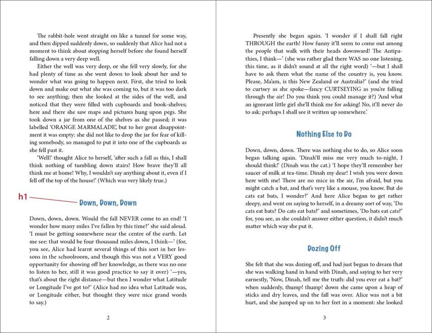 Our sample book with 3 internal headings on a spread