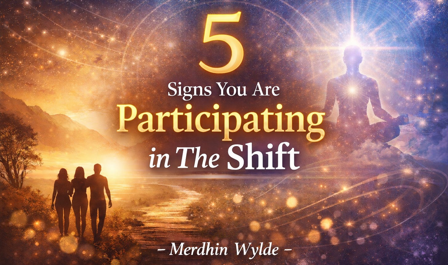 A digital cover image for the article “5 Signs You Are Participating in the Shift” by Merdhin Wylde. The background blends a warm golden sunset landscape on the left with a cosmic purple-blue sky on the right. In the lower left, three silhouetted people walk together toward a glowing horizon, symbolizing unity and shared movement forward. On the right, a luminous human figure sits in meditation, radiating light from the chest and head. The title appears in large gold and white text across the center, with the author’s name at the bottom.