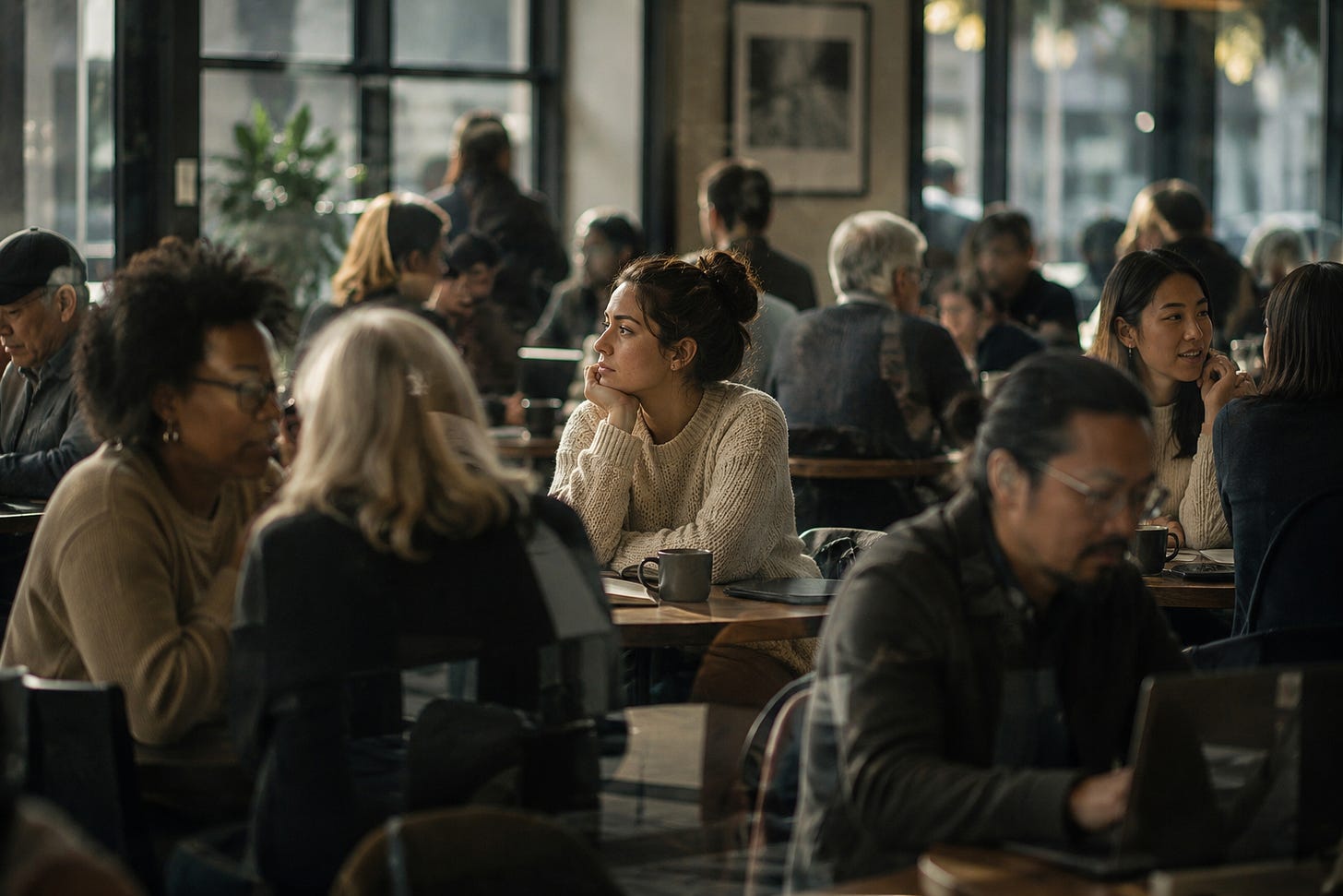 A diverse group of people gathered in a busy café while a woman sits quietly among them, physically present yet emotionally disconnected. The image illustrates the modern experience of feeling unseen despite being surrounded by connection and activity.