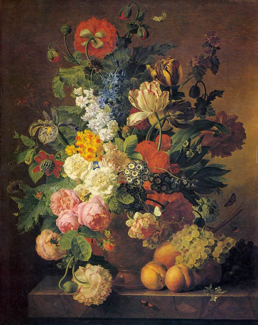 A full, thickly painted bouquet of roses and garden flowers against a dark ground A full, thickly painted bouquet of roses and garden flowers against a dark ground