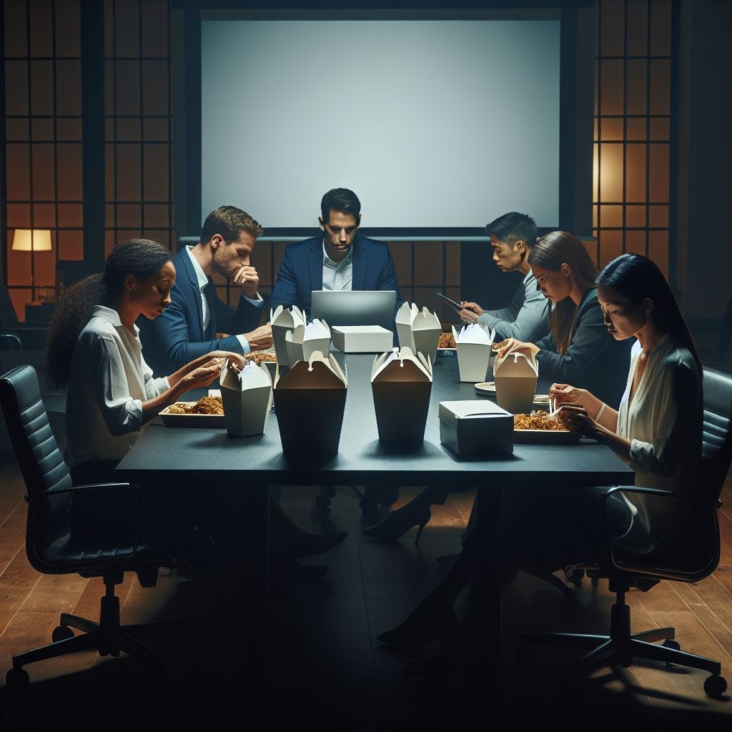 a conference room at night  with chinese takeout on the table and an exhausted multicultural team poring over slides on the large screen in the room preparing for a pitch for new business the next day
